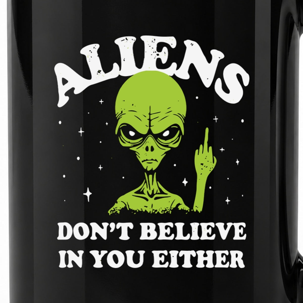 Close-up of the original alien artwork printed on the taller 15-ounce black ceramic mug.