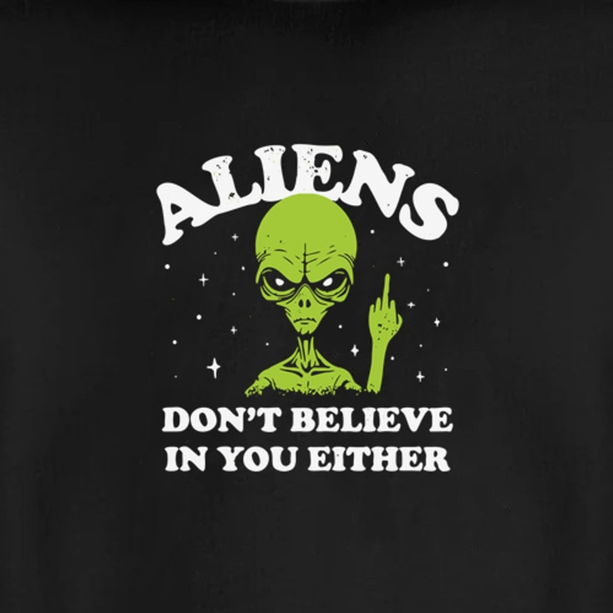 Alien graphic detail on the black fleece sweatshirt