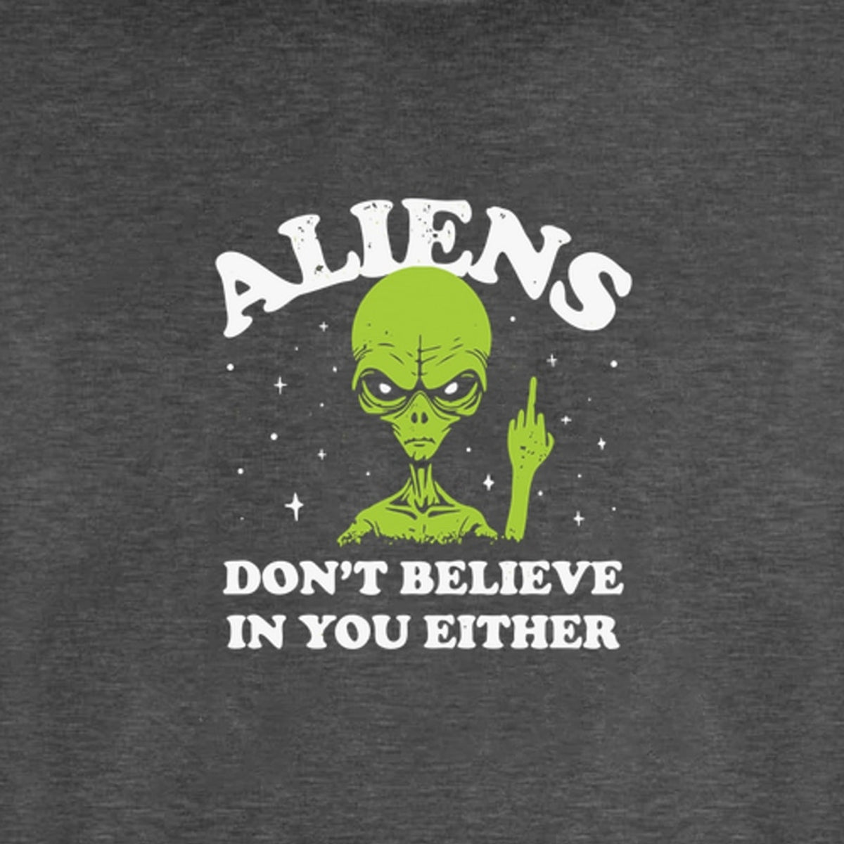 Alien graphic detail on the Charcoal Heather fleece sweatshirt