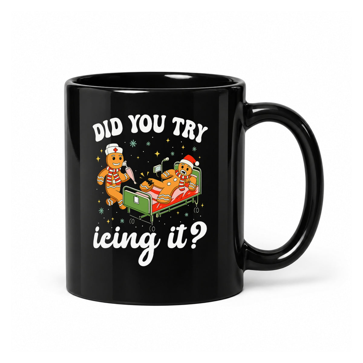 11-ounce glossy black ceramic mug with the complete Did You Try Icing It? gingerbread design, front view.