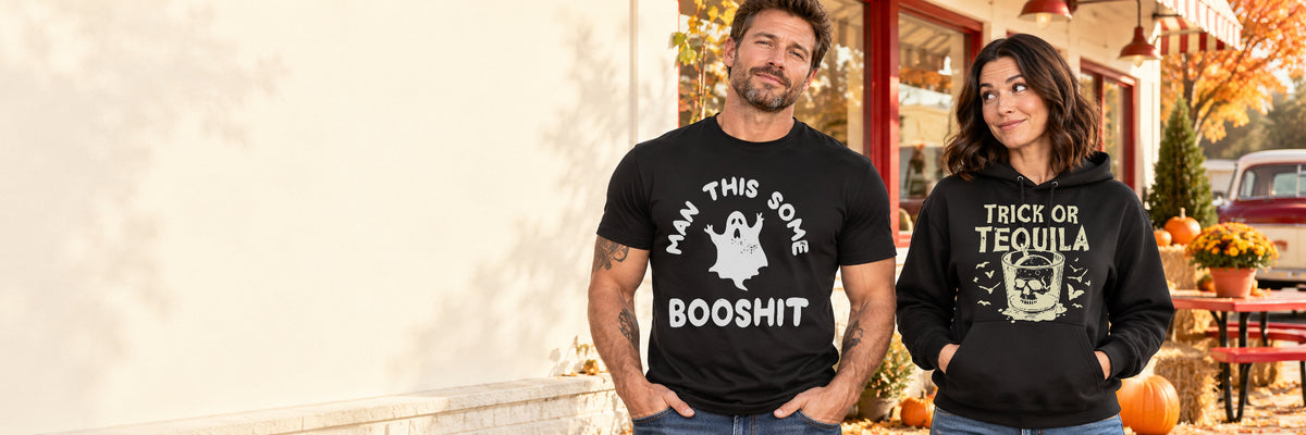 Fashion mockups of the Booshit tee and Trick or Tequila hoodie in a bright autumn setting