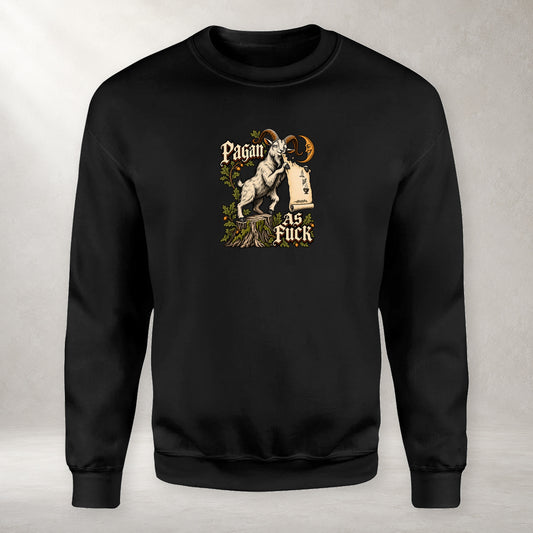Black crewneck sweatshirt with Pagan as Fuck goat artwork